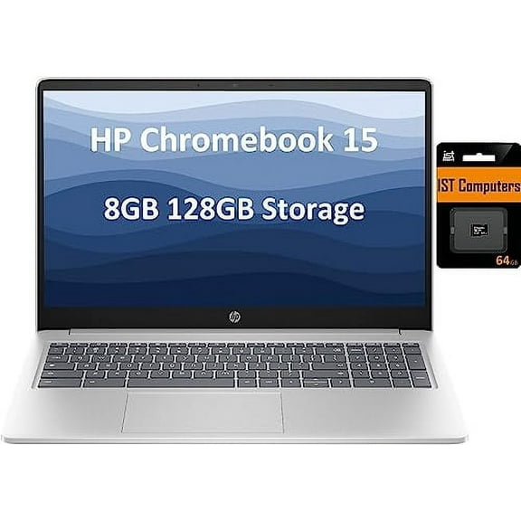 HP Chromebook 15 Laptop for Business and College (15.6" Micro-Edge, Intel N200 (>Pentium N6000), 8GB RAM, 128GB Storage(64GB + 64GB), Webcam, Numeric Keyboard), IST SD Card, Chrome OS, Silver