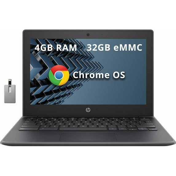 HP Chromebook Laptop, 11.6" HD Student Laptop, AMD A4-9120C Processor, Radeon R4 Graphics, 4GB RAM, 32GB eMMC, HD Webcam, Chrome OS, Black, 32GB Hotface USB Card