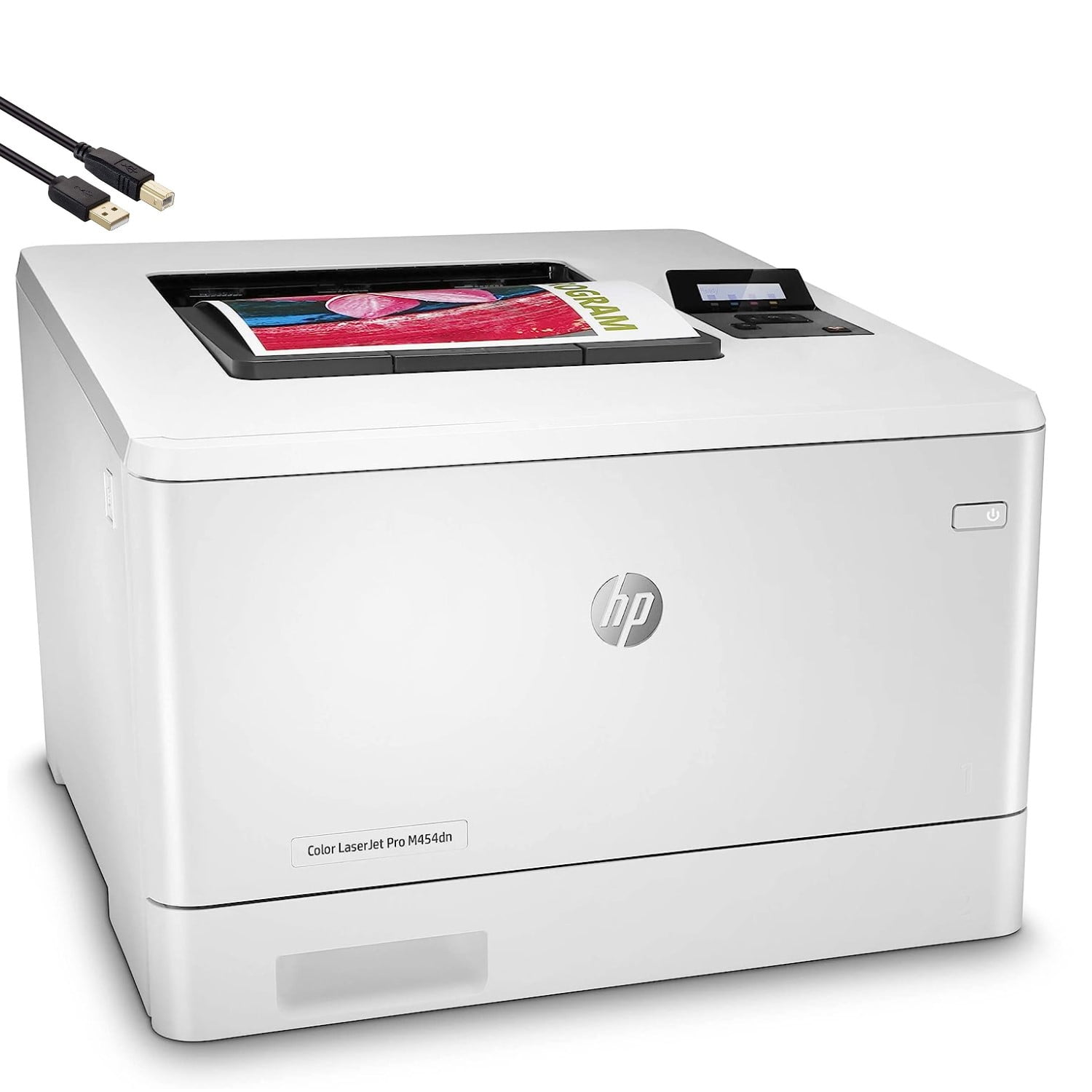 HP Color Laserjet Pro M454dn Wired Ethernet Laser Printer for Home Office,  White - Print only - 2-line Backlit LCD Display, 28 ppm, 600x600 dpi, 8.5 x  14, Auto Duplex Printing,4 Feet, image size:1500x1500