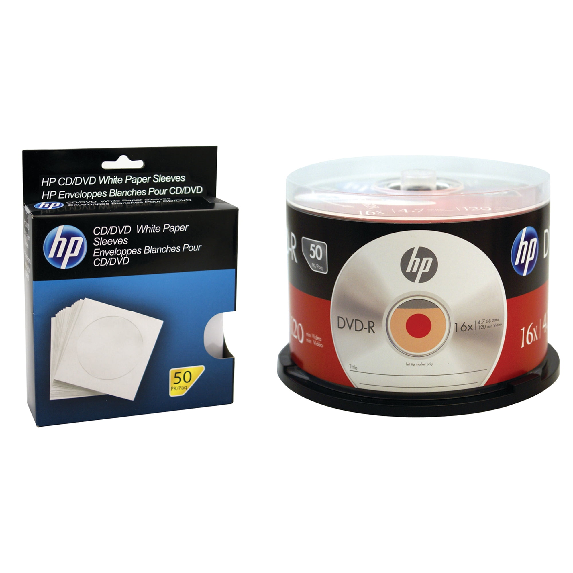 HP DM16050CB 4.7GB 16x DVD-R (50-ct Cake Box Spindle) & HPWS50RB CD/DVD  Storage Sleeves (50 pk)