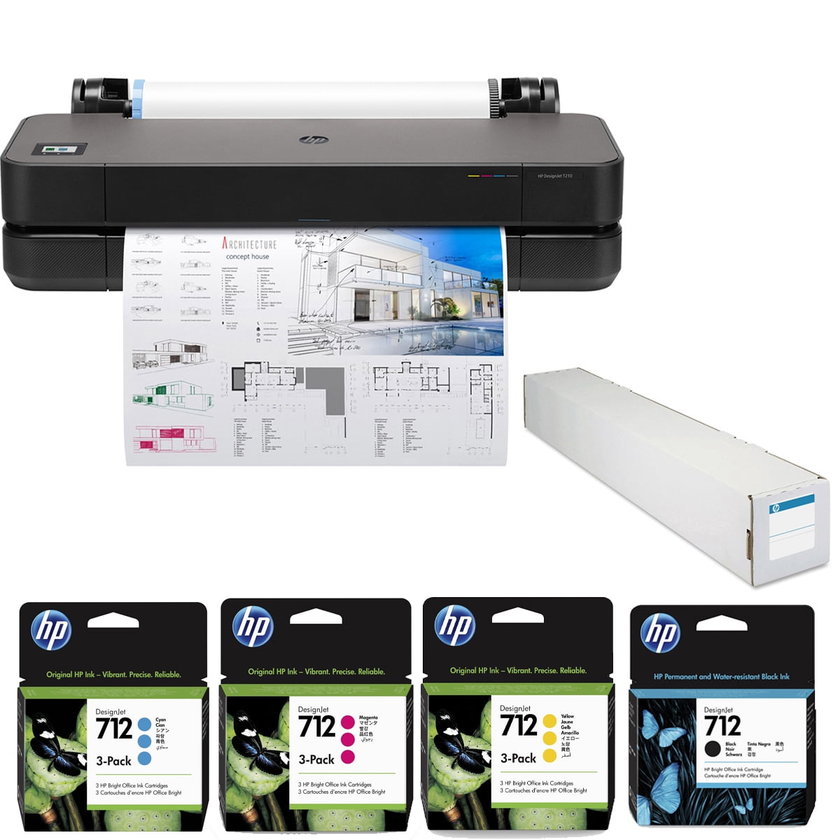 HP DesignJet T210 24" Wireless Large Format Color Thermal Inkjet Plotter Printer, 2025 Edition, Bundle with 3x Color and 80ml Black Ink Pack, Matte Bond Inkjet Paper Roll