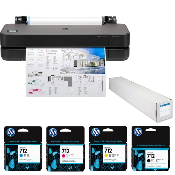 HP DesignJet T210 24" Wireless Large Format Color Thermal Inkjet Plotter Printer, 2025 Edition, Bundle with Color and 38ml Black Ink Pack, Matte Bond Inkjet Paper Roll