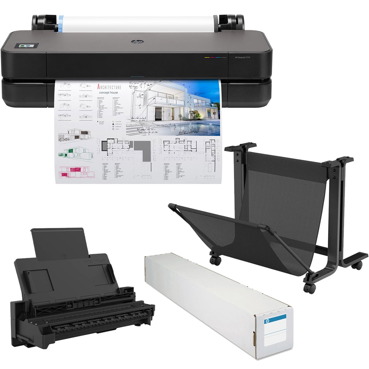HP DesignJet T210 24" Wireless Large Format Color Thermal Inkjet Plotter Printer, Bundle with Stand, Sheet Feeder and Matte Bond Inkjet Paper Roll
