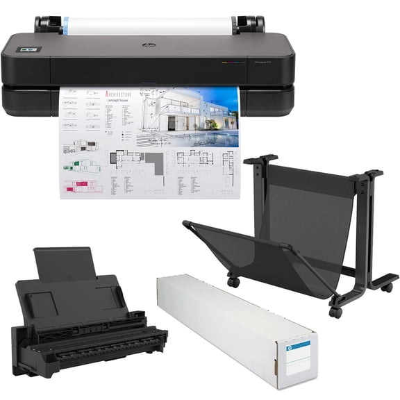 HP DesignJet T210 24" Wireless Large Format Color Thermal Inkjet Plotter Printer, Bundle with Stand, Sheet Feeder and Matte Bond Inkjet Paper Roll