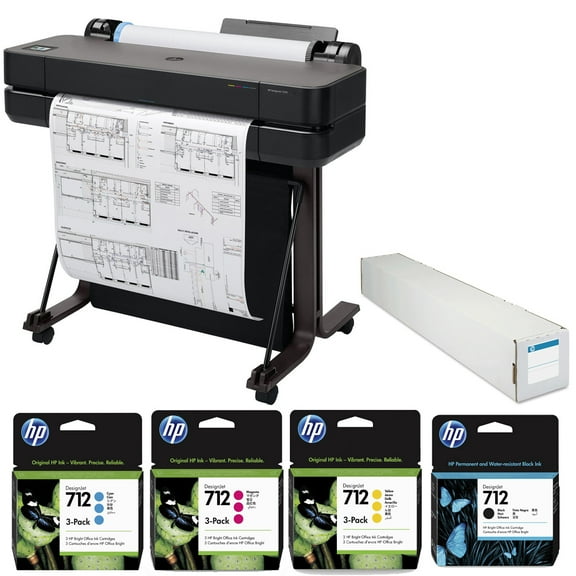 HP DesignJet T630 24" Wireless Large Format Color Thermal Inkjet Plotter Printer, 2025 Edition, Bundle with 3x Color and 80ml Black Ink Pack, Matte Bond Inkjet Paper Roll