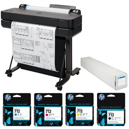HP DesignJet T630 24" Wireless Large Format Color Thermal Inkjet Plotter Printer, 2025 Edition, Bundle with Color and 38ml Black Ink Pack, Matte Bond Inkjet Paper Roll