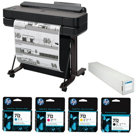 HP DesignJet T650 24" Wireless Large Format Color Thermal Inkjet Plotter Printer, 2025 Edition, Bundle with Color and 38ml Black Ink Pack, Matte Bond Inkjet Paper Roll