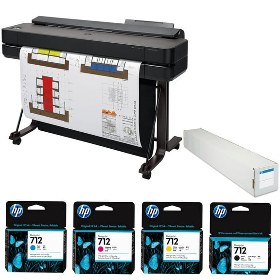 HP DesignJet T650 36" Wireless Large Format Color Thermal Inkjet Plotter Printer, 2025 Edition, Bundle with Color and 38ml Black Ink Pack, Matte Paper Roll
