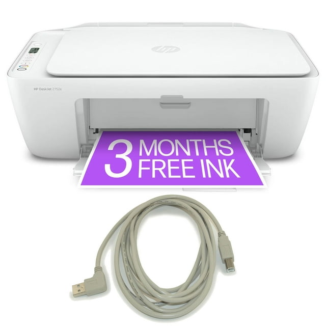 HP DeskJet 2752e AllinOne Wireless Color Inkjet Printer with 10FT Type A Male To B Male Cable