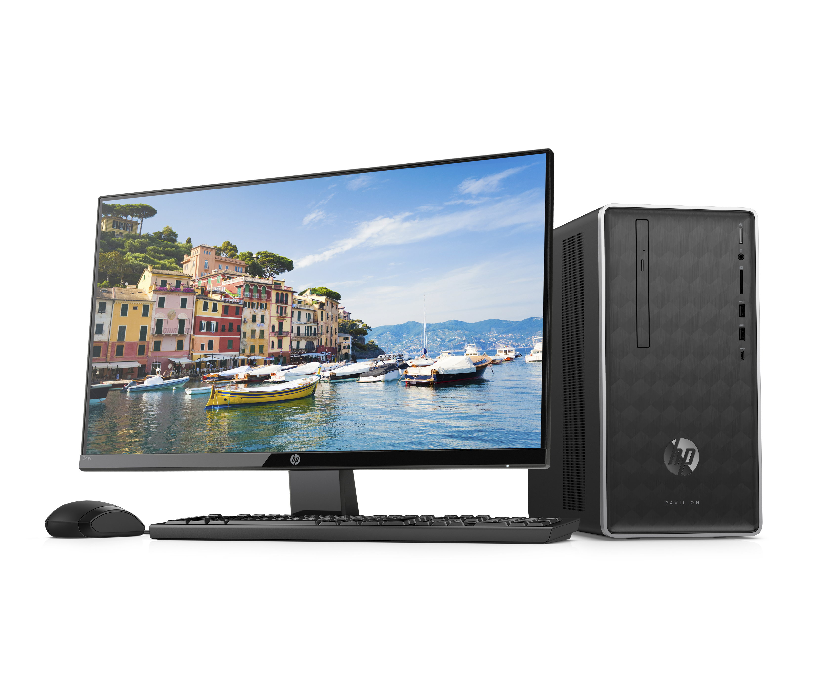 HP Desktop and Pavilion Monitor Bundle, 23.8" Full HD Monitor, HP Pavilion Tower: Intel Core i3-8100, 4GB SDRAM, 1TB HDD + 16GB Intel Optane memory, DVD, Mouse and Keyboard, Ash Silver - image 1 of 6