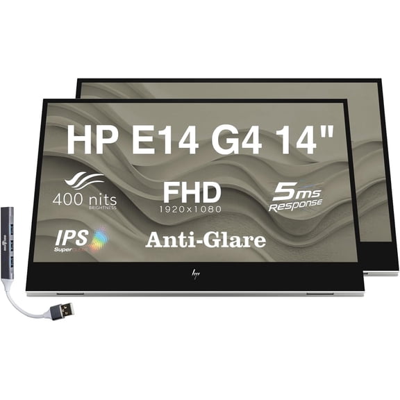 HP E14 G4 14" FHD IPS Monitor with 5ms Response Time, Anti-Glare, Flicker Free, 400 nits Brightness, USB-C & Dockztorm USB Port Expander, Silver Color (1B065AA#AC3) 2 Pack
