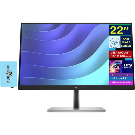 HP E22 G5 FHD IPS Monitor with 5ms Response Time, Anti Glare, Flicker Free, VESA Mount (100mm), Displayport, HDMI & Dockztorm USB Port Expander, Black/Silver (6N4E8AA#ABA - 2025 Latest Model)