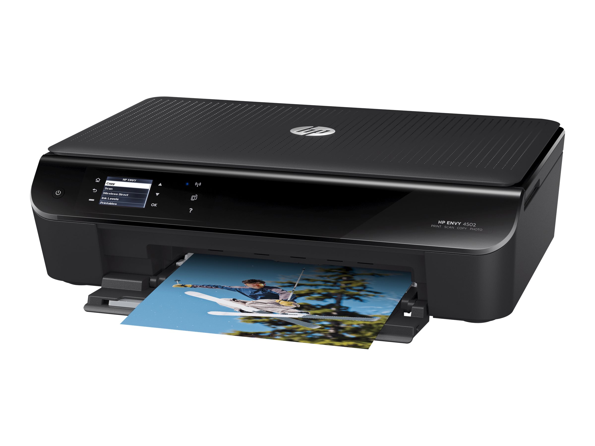 HP ENVY 4502 e-All-in-One - Multifunction printer - color - ink-jet - Legal (8.5 in x 14 in)/A4 (8.25 in x 11.7 in) (original) - A4/Legal (media) - up to 6 ppm (copying) - up to 8.8 ppm (printing) - 100 sheets - USB 2.0, Wi-Fi(n) - image 1 of 5