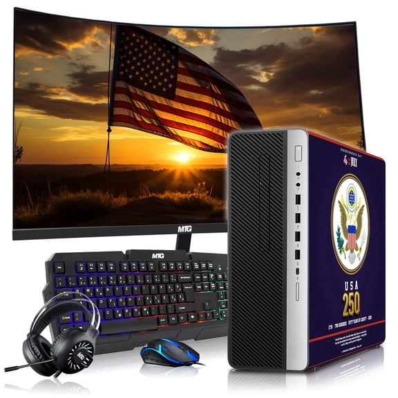 HP EliteDesk Liberty 250 Edition Gaming Desktop Computer PC,Intel i5,16GB RAM,256GB SSD OS+2x500GB HDD,27" Curve Monitor,GT 1030 Graphics,RGB Keyboard/Mouse/Headphones,Webcam,Win 11 Pro
