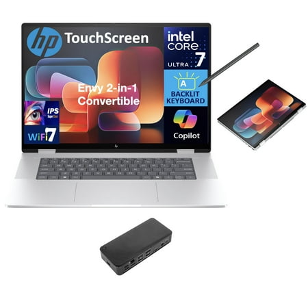 HP Envy x360 AI Powered 2-in-1 Laptop 16.0in Touchscreen IPS WUXGA Display (Intel Core Ultra 7 155U, 32GB LPDDR5, 1TB PCIe SSD, Active Pen, Backlit KB, Thunderbolt 4, WiFi 7, Win 11 Pro) w/USB-C Dock