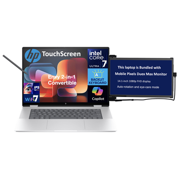 HP Envy x360 AI Powered 2-in-1 Laptop 16.0in Touchscreen IPS WUXGA Display (Intel Core Ultra 7 155U, 32GB LPDDR5, 2TB SSD, Active Pen, Backlit KB, Thunderbolt 4, Win 11 Pro) w/Duex Max DS Monitor
