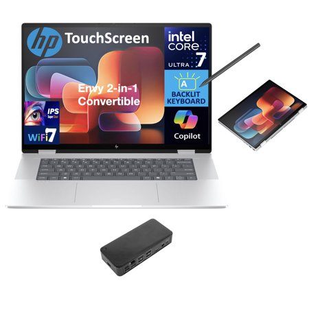 HP Envy AI Powered 2-in-1 Laptop 16.0in Touchscreen IPS WUXGA Display (Intel Core Ultra 7 155U, 32GB LPDDR5, 512GB PCIe SSD, Active Pen, Backlit KB, Thunderbolt 4, WiFi 7, Win 11 Pro) w/USB-C Dock