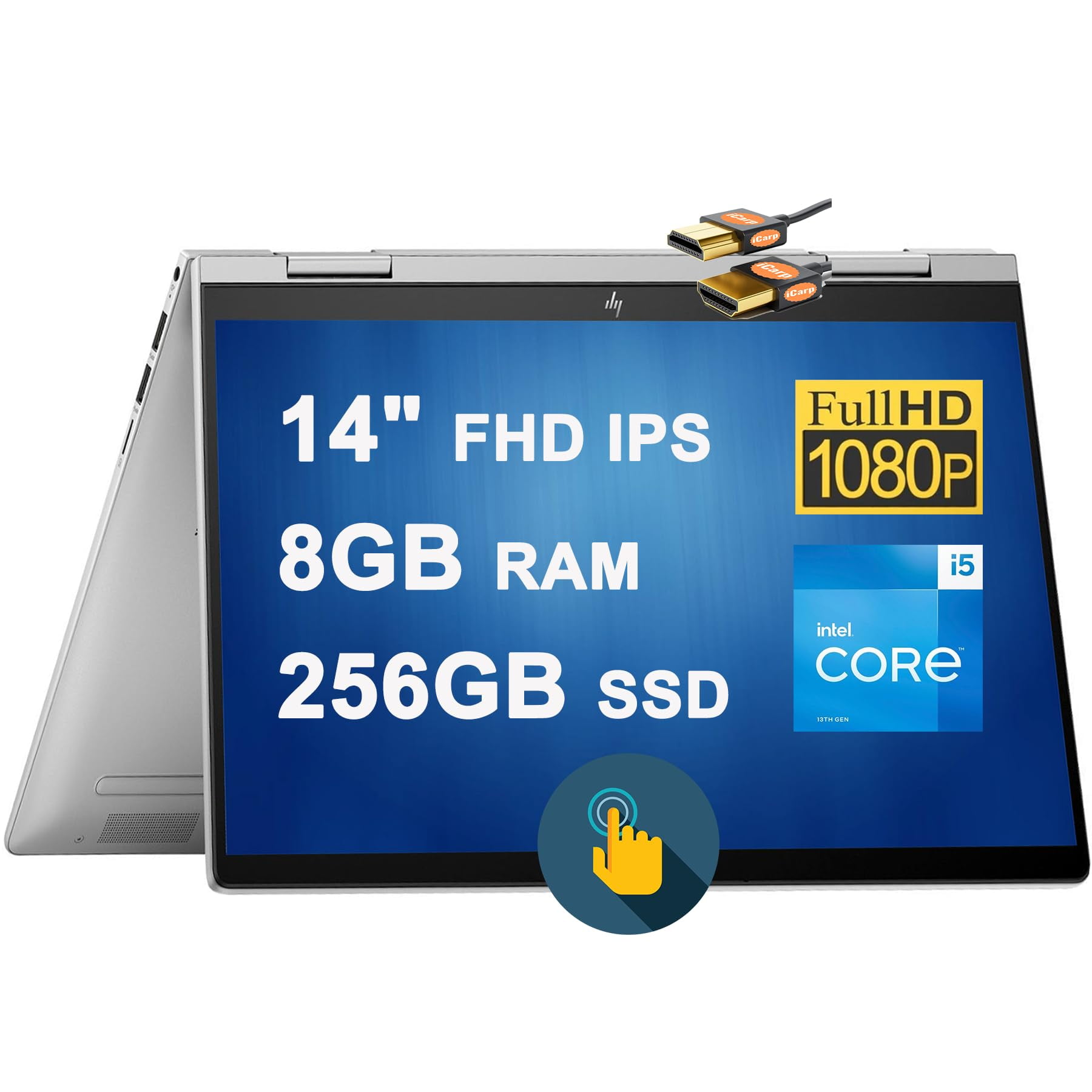 HP Envy X360 2-in-1 Laptop 14" FHD IPS Touchscreen 13th Gen Intel 10-Core i5-1335U (Beats i7-1195G7) 8GB RAM 256GB SSD Intel Iris Xe Graphics Backlit Fingerprint USB-C B&O Win11 Silver + HDMI Cable