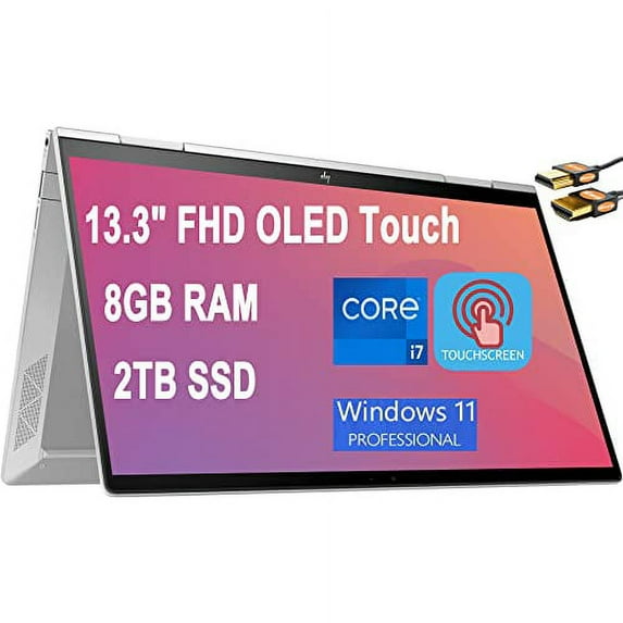HP Envy x360 13 2-in-1 Laptop 13.3" FHD OLED Touchscreen (400 nits) 11th Gen Intel 4-Core i7-1195G7 8GB RAM 2TB SSD Iris Xe Graphics Backlit Fingerprint Thunderbolt Win11 Pro Silver + HDMI Cable