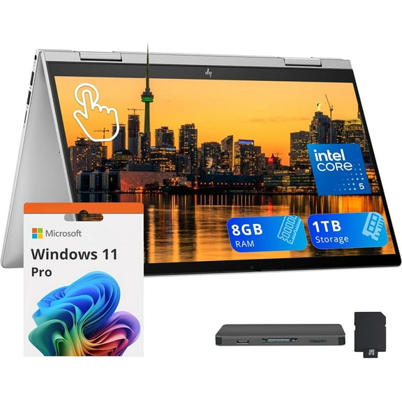 HP Envy x360 2-in-1 14" FHD Touch Laptop, Intel 5 120U, 8GB RAM, 1TB Storage (512GB SSD+512GB Docking Station Set), Backlit Keyboard, Fingerprint, Copilot, 5MP IR Camera, Wi-Fi 6E, Win 11 Pro, Silver