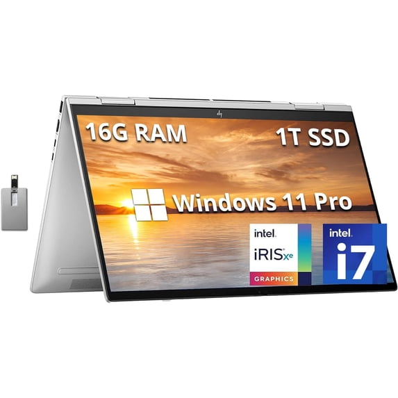 HP Envy x360 2-in-1 15.6" FHD Touchscreen Laptop, Intel Core i7-1260p, 16GB RAM, 1TB SSD, Backlit KB, HD Webcam, Intel Iris Xe Graphics, Wi-Fi, Bluetooth, Win 11 Pro, Silver, 32GB USB Card