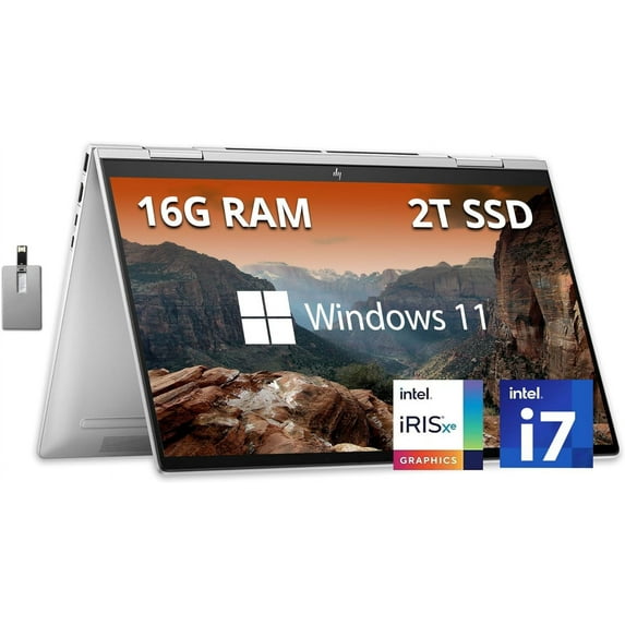 HP Envy x360 2-in-1 15.6" FHD Touchscreen Laptop, Intel Core i7-1355U, 16GB LPDDR5 RAM, 2TB SSD, Intel Iris Xe Graphics, Backlit KB, 5MP IR Camera, Win 11, Silver, Hotface 32GB USB Card
