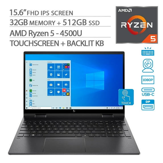 HP Envy x360 2-in-1 Touchscreen Laptop, 15.6" IPS FHD, Ryzen 5-4500U 6-Core up to 4.00 GHz, 32GB RAM, 512GB SSD, USB-C/DP, HDMI 2.0, Backlit KB, WebCam, Win 10