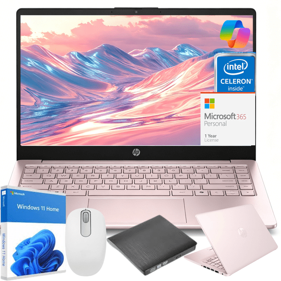 HP Essential 14" Laptop, Intel Celeron N150, 4GB RAM, 128GB eMMC, Windows 11 Home, Pink ,Gift Set