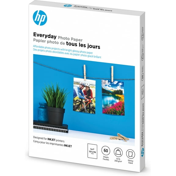 HP Everyday Photo Paper, Glossy, 52 lb, 5 x 7 in. (127 x 178 mm), 60 sheets CH097A