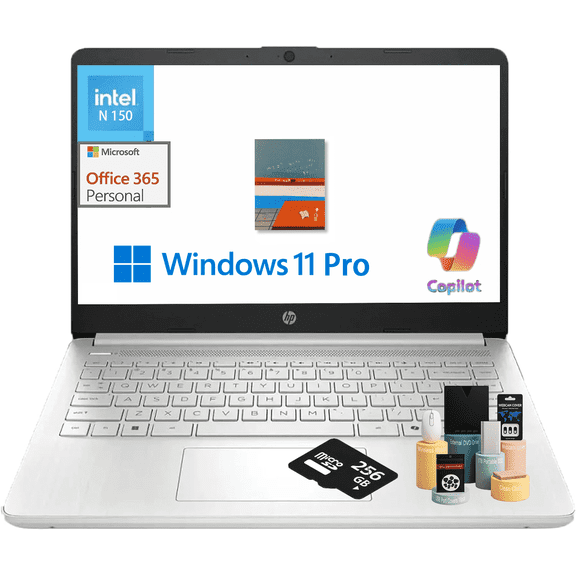 HP Flagship 14 Laptop Computer, 16GB RAM, 384GB Storage(128GB UFS+256GB MSD), Intel N150 CPU, 1-Year Office 365, Copilot Key, Wi-Fi 6, Windows 11 Pro, Natural Silver