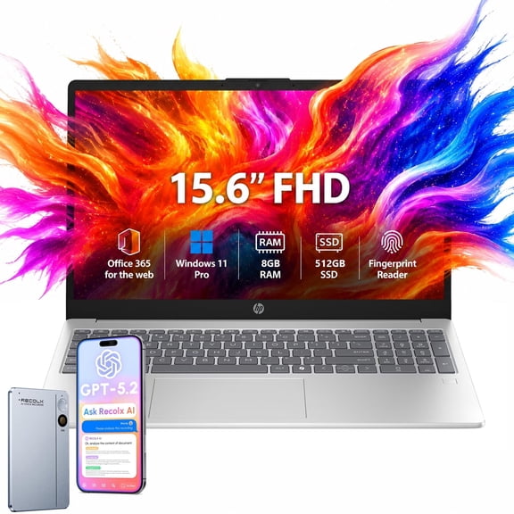 HP 15.6 Laptop, Intel Core i3-N305, 8GB RAM, 512GB SSD, Fingerprint Reader, Office 365 for the web, Windows 11 Pro, Silver