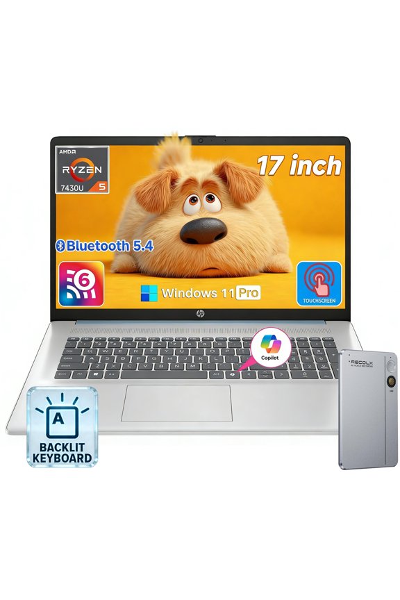 HP Flagship 17 Touchscreen Laptop Computer - 17.3" Anti-Glare HD+ Display, Windows 11 Pro, Copilot, AMD Ryzen 5 7430U (up to 4.3GHz), Wi-Fi 6, Numeric Keypad, 64GB RAM, 2TB SSD, AI Voice Recorder
