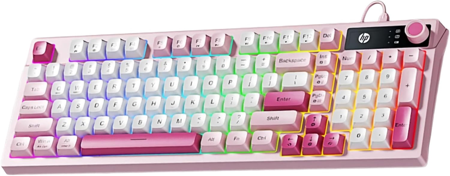 HP K500F Wireless Keyboard – Tri-Mode Bluetooth 5.0 / 2.4GHz / USB-C, RGB Backlit, Pink Gaming Keyboard with Volume Knob, Rechargeable for Windows PC