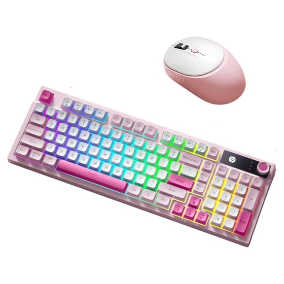 HP K500F Wireless RGB Gaming Keyboard & Mouse – Tri-Mode, 99-Key Membrane, Volume Knob, Adjustable RGB, Rechargeable, Pink, Windows Compatible