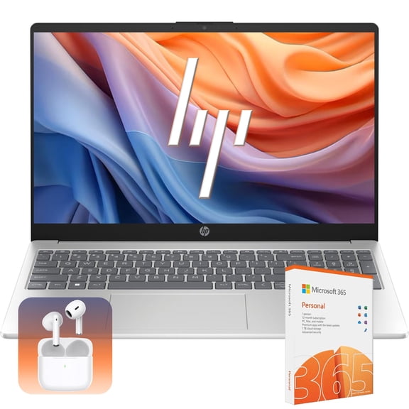 HP Laptop with 1-Year Microsoft 365 & Wireless Buds| 15.6 inch HD Display| Intel Quad-Core Processor| 16GB RAM, 128GB SSD with 128GB External Drive| HDMI| USB-C| Windows 11 H| Silver