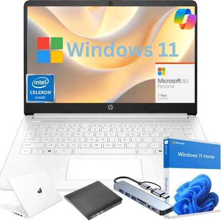 HP Laptop, 14" Ultral Light Laptop for Students and Business, Intel Celeron Quad-Core N4500, 8GB RAM, 64GB eMMC, Wi-Fi, Bluetooth, Windows 11 Home in S Mode, White, Gift Set
