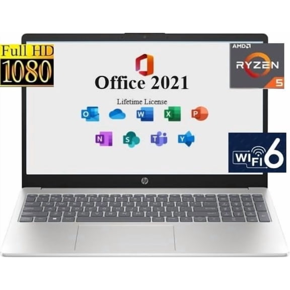 HP Laptop Computer for Business & Student,with Microsoft Office 2021 Lifetime License,15.6" FHD Display, AMD Ryzen 5-7520U,16GB LPDDR5, 256GB PCIe SSD, WiFi 6, Windows 11 Pro, Silver