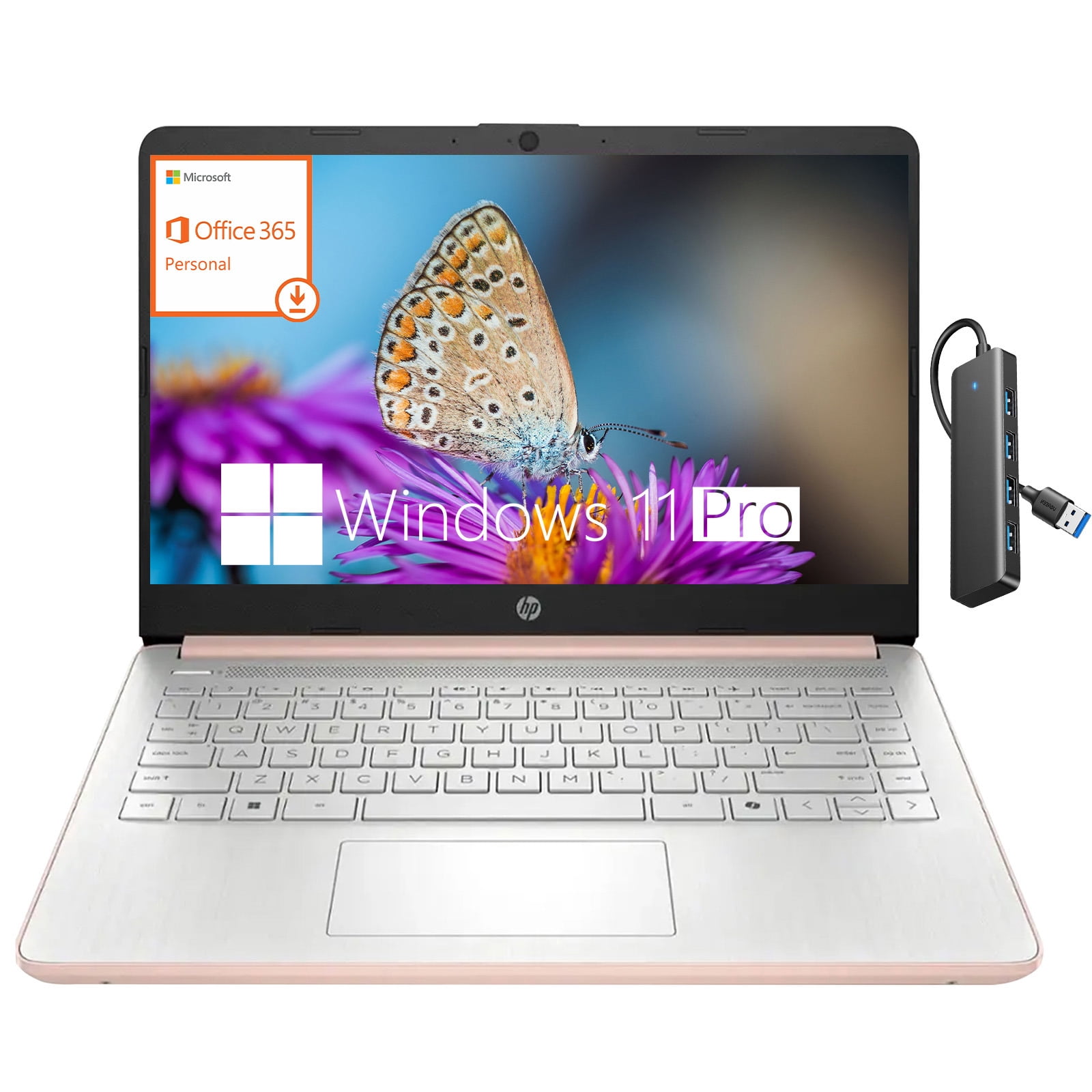 HP Laptop for Student and Business, 14" HD, Intel N150, 4GB RAM, 192GB Storage(128GB UFS +64GB MSD), 1-Year Office 365, Windows 11 Pro, Fast Charge,Rose Gold