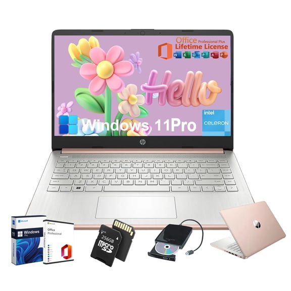 HP Laptop for Student Business - w/Microsoft Office Lifetime & Free CD/DVD Drive * 16GB RAM * 128GB eMMC & 256GB Extend Micro SD * Intel 4-Core Processor * HD Display * Win11 Pro(Rose Gold)