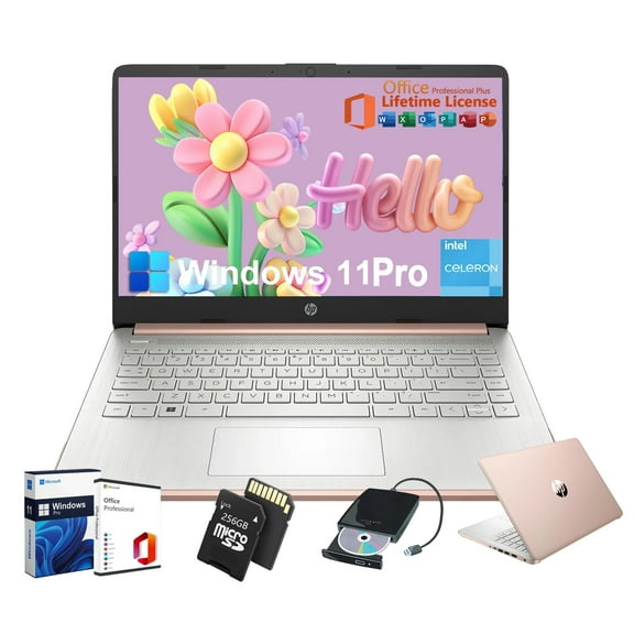 HP Laptop for Student Business - w/Microsoft Office Lifetime & Free CD/DVD Drive * 16GB RAM * 128GB eMMC & 256GB Extend Micro SD * Intel 4-Core Processor * HD Display * Win11 Pro(Rose Gold)