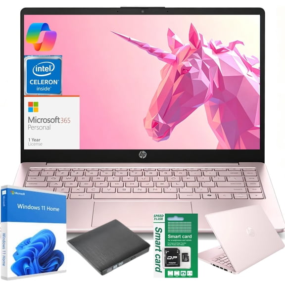 HP Laptop for Student Business - w/One Year Microsoft Office& Free CD/DVD Drive * 4GB RAM * 128GB eMMC & 128GB Extend Micro SD * Intel 4-Core Processor * HD Display * Windows 11 Home(Pink)