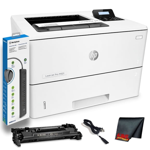 HP LaserJet Pro M501dn Monochrome Laser Printer with Duplex Printing & Ethernet (J8H61A) Bundle with Surge Protector & Cleaning Cloth (No Manufacturer Warranty)