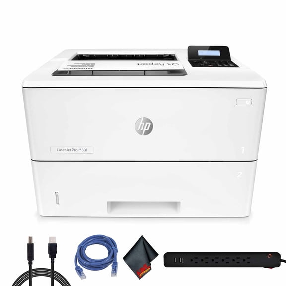 HP LaserJet Pro M501dn Monochrome Laser Printer with Duplex Printing & Ethernet (J8H61A) Bundle with Printer Cable, Surge Protector & Cleaning Cloth (No Manufacturer Warranty)