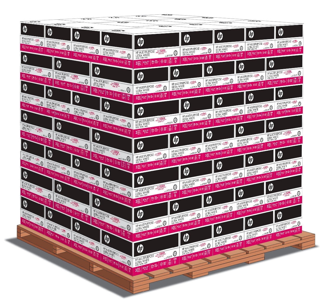 HP Multipurpose Ultra White Paper 8.5" x 11" 20lb 92 Bright (12530PLT) 1500 Sheets per Carton-112 Cartons per Pallet-168,000 Sheets Total. Made in USA