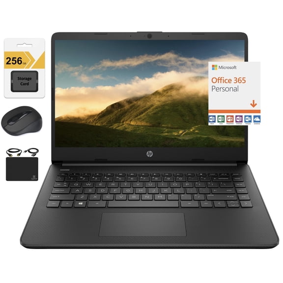 HP New 14" HD Ultra Light Thin Laptop, Quad-Core Intel Celeron Processor, 16GB RAM, 320GB (64GB eMMC+ 256GB Card), Wi-Fi, Upto 11 Hours, Windows 11 S + 1 Year Office 365+HubxcelAccessory, Black