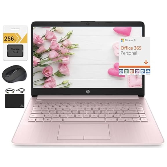 HP Newest 14" HD Ultra Light Thin Laptop, Quad-Core Intel Celeron Processor, 16GB RAM, 320GB (64GB eMMC+ 256GB Card), Wi-Fi, Upto 11 Hours, Windows 11 S + 1 Year Office 365+HubxcelAccessory, Pink