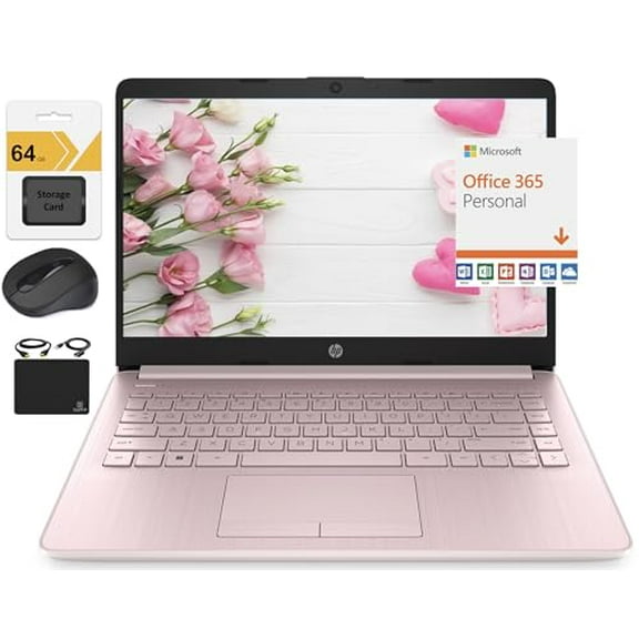 HP Newest 14" HD Ultra Light Thin Laptop, Quad-Core Intel Celeron Processor, 4GB RAM, 128GB (64GB eMMC+ 64GB Card), Wi-Fi, Upto 11 Hours, Windows 11 S + 1 Year Office 365+HubxcelAccessory, Pink