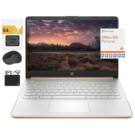 HP Newest 14" HD Ultra Light Thin Laptop, Quad-Core Intel Celeron Processor, 4GB RAM, 128GB (64GB eMMC+ 64GB Card), Wi-Fi, Upto 11 Hours, Windows 11 S + 1 Year Office 365+HubxcelAccessory, Rose Gold