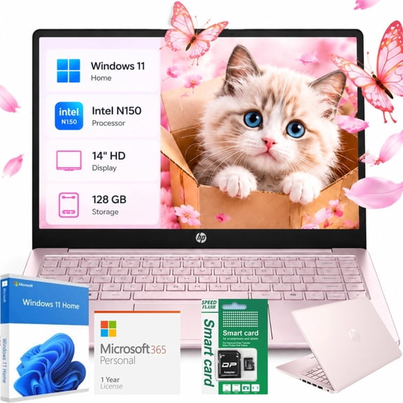 HP Newest 14" Laptop, Slim Light Laptop Computer for Students and Business, Intel 12th N150,1 Year Office 365, Webcam, HDMI, WiFi,16GB RAM,256GB Storage(128GB eMMC+128GB SD) Windows 11 Home Rose Gold