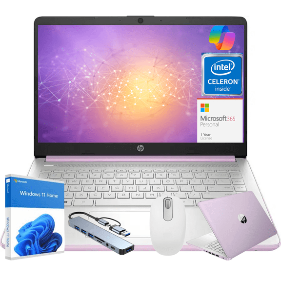 HP Newest 14" Laptop, Slim Light Laptop Computer for Students and Business, Intel N150, 1 Year Office 365, Win 11, 16GB RAM, 128GB Emmc, Purple Gift Set